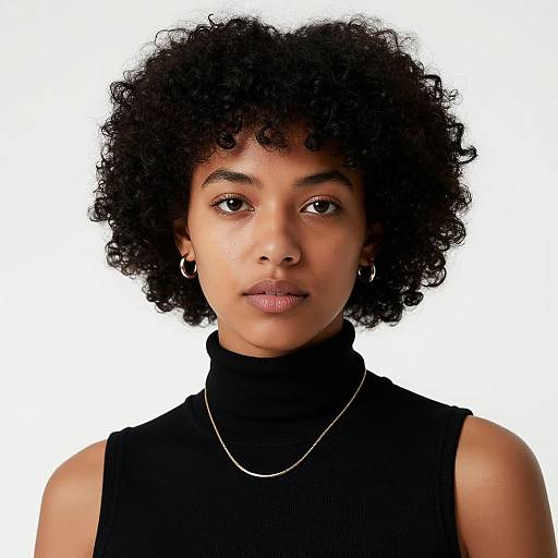 Photograph of a young Black woman with medium brown skin, curly black hair, wearing a black turtleneck and silver hoop earrings, against a white