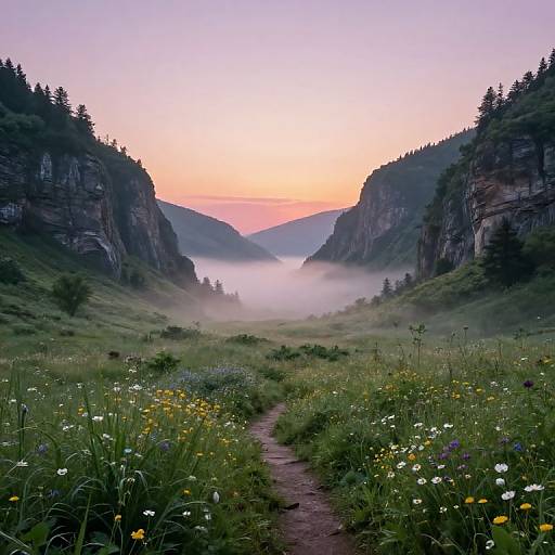 Photograph of a misty mountain valley at sunrise, featuring a dirt path flanked by wildflowers, surrounded by towering cliffs and pine trees.