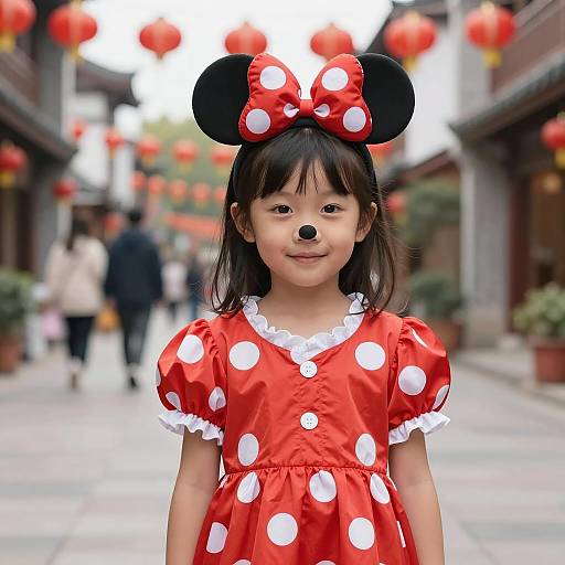 Young Girl in Red Minnie Mouse Costume Outdoors