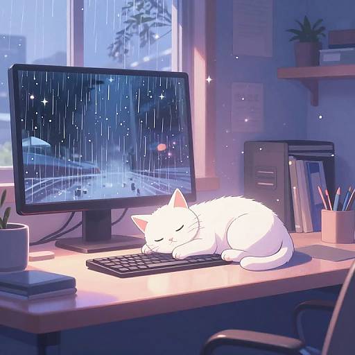 Digital illustration of a white cat sleeping on a desk under a glowing computer screen, surrounded by office supplies, in a rainy, blue-lit room with