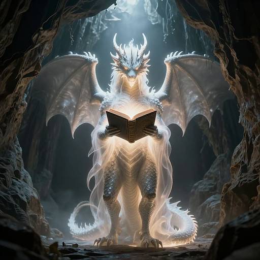 Digital artwork of a radiant white dragon with glowing wings and horns, standing in a dark cave, reading an ancient book.