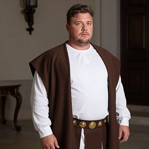 Photograph of a muscular, bearded man with short brown hair, wearing a white tunic and brown vest, with a gold belt, standing in
