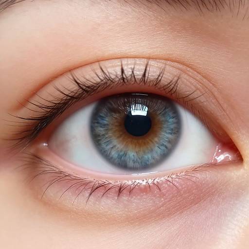 Close-up photograph of a light blue human eye with prominent black eyelashes, a reflective iris, and fair skin surrounding it.