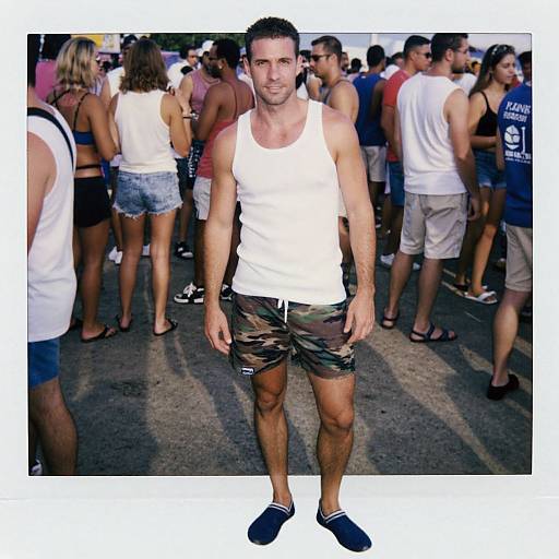 Photograph of a muscular, smiling man in a white tank top and camouflage shorts, standing in a crowded outdoor event, surrounded by diverse people in casual