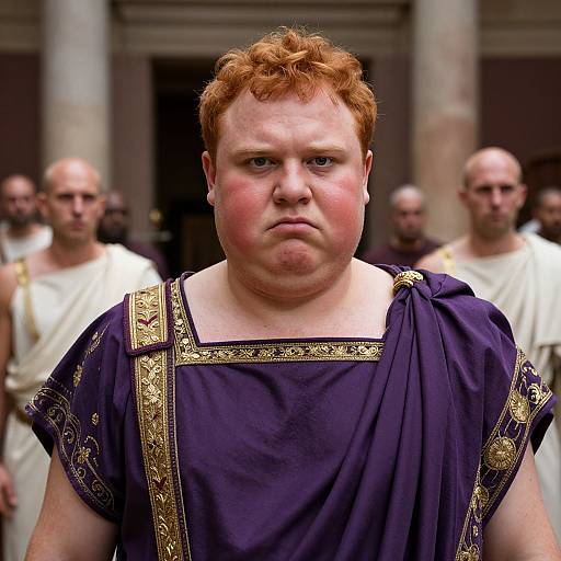 Photograph of a red-haired, overweight man with a serious expression, wearing a dark purple Roman-style tunic with gold trim, surrounded by bald,