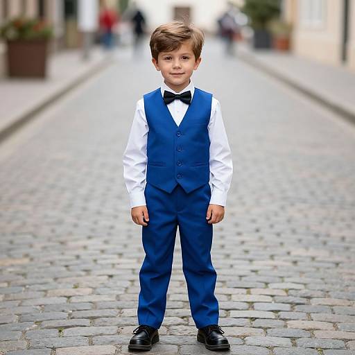 Photograph of a young boy with light brown hair, wearing a blue vest, white shirt, black bow tie, and black shoes, standing on a