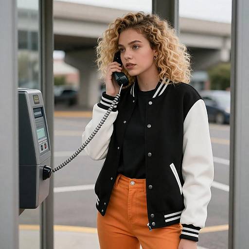 Young Woman in Varsity Jacket at Phone Booth