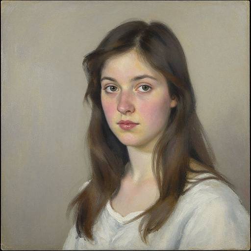 Digital painting of a young woman with fair skin, brown eyes, and long brown hair, wearing a white shirt, against a plain beige background. Real