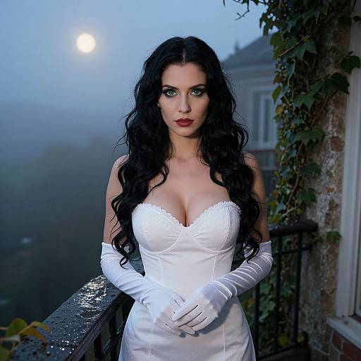 Photograph of a fair-skinned woman with long black hair in a white, strapless, lace-trimmed dress and white gloves, standing on