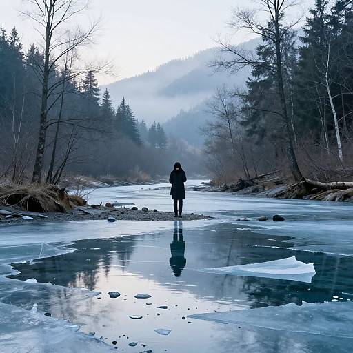 Photograph of a lone figure in a dark coat standing on a frozen river, surrounded by bare trees and misty mountains.
