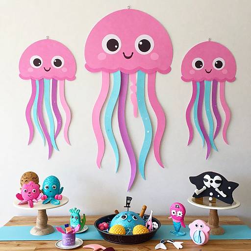 Colorful cartoon jellyfish wall decals above a children's party table with jellyfish-themed decorations, including toys, cakes, and a pirate hat.