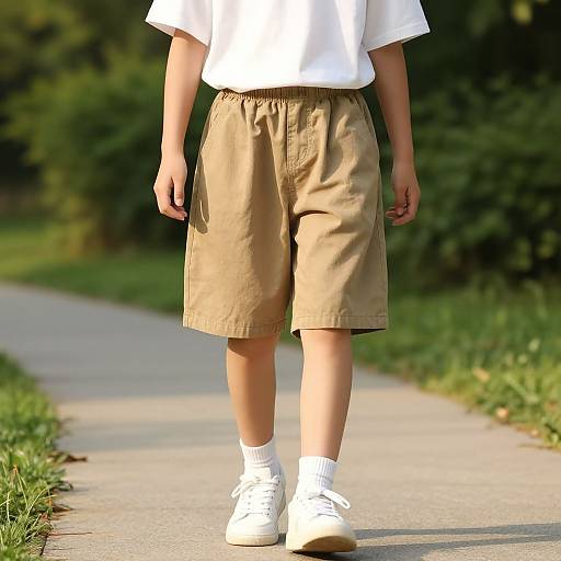 Photograph of a child wearing a white shirt, beige shorts, white socks, and white sneakers, walking on a sunlit concrete path in a grass