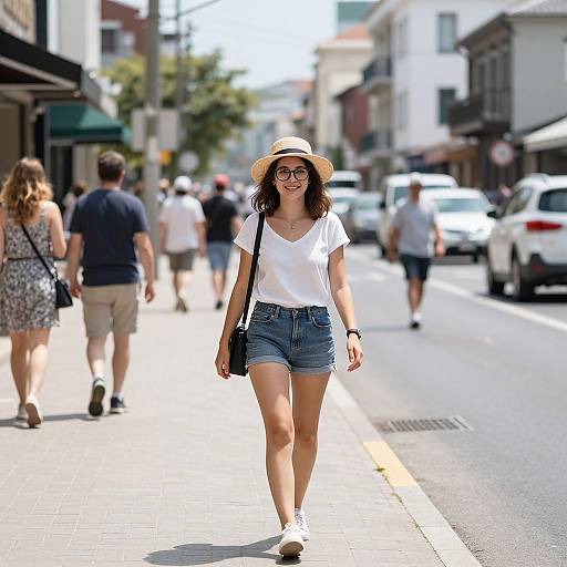 Photograph of a smiling young woman in a white tee, denim shorts, straw hat, and glasses, walking down a sunny urban street.