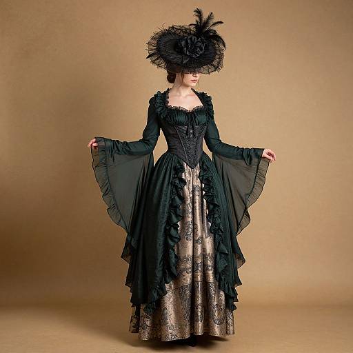 Photograph of a pale-skinned woman in an elaborate, black Victorian gown with wide sleeves and intricate lace, wearing a large, black feathered hat