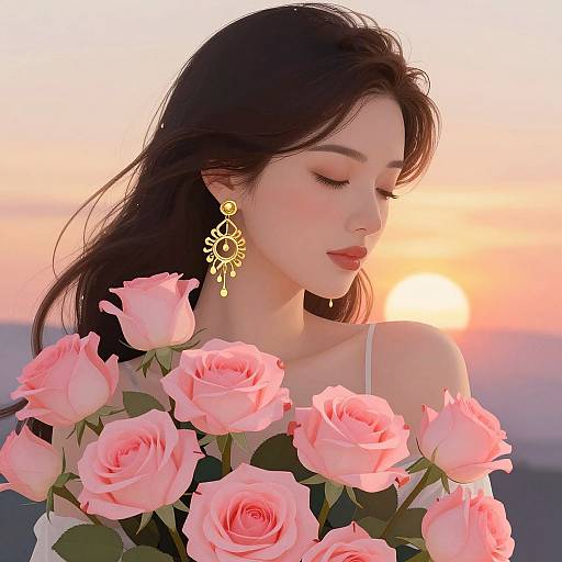 Photorealistic digital artwork of a serene Asian woman with long black hair, wearing gold earrings, holding pink roses, against a sunset sky.
