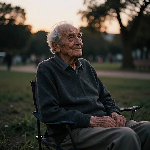 Photograph of an elderly man with white hair, wearing a gray sweater and beige pants, sitting in a folding chair at sunset in a park.