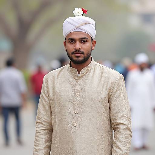 Photograph of a bearded South Asian man wearing a white turban with a red flower, beige embroidered kurta, standing outdoors in a blurred crowd