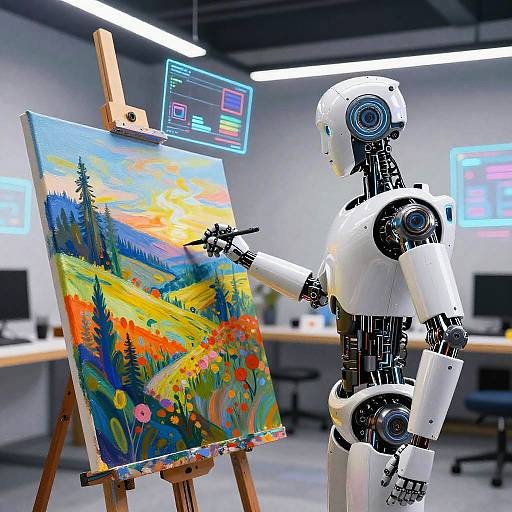 AI Robot Painting Vibrant Landscape