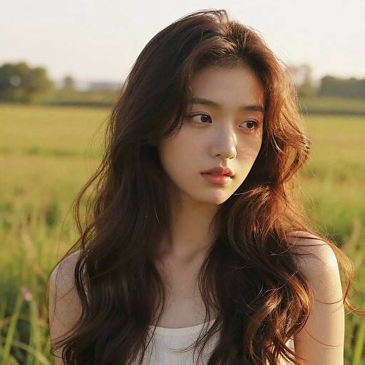 Sunlit Meadow with Wavy Hair