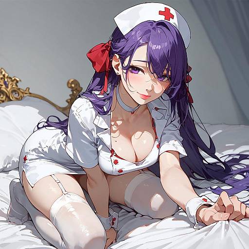 Purple-Haired Nurse Kneeling on Bed