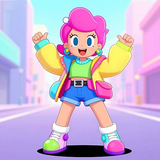 Vibrant digital illustration of a pink-haired, cartoon girl with large blue eyes, wearing a yellow jacket, green shirt, blue shorts, and colorful