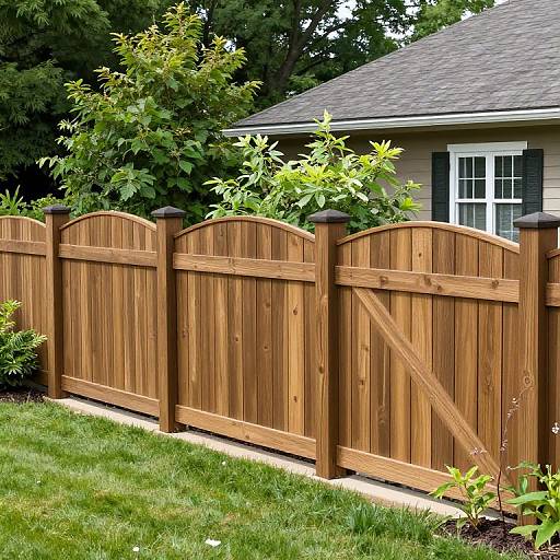 Photograph of a wooden fence with arched tops, surrounding a suburban backyard with green grass, bushes, and a gray-roofed house.