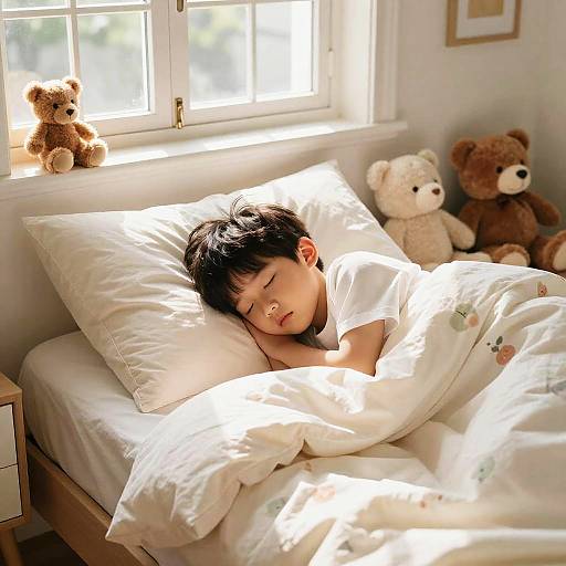 Serene Boy Sleeping with Plush Toys