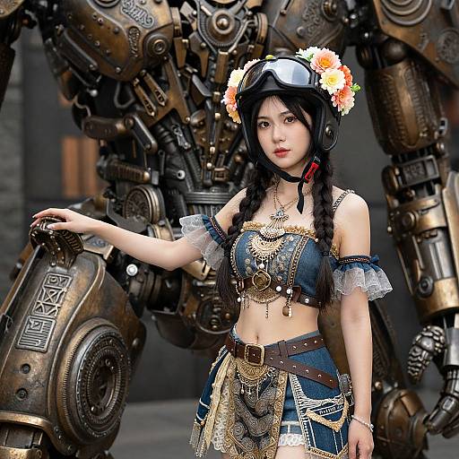 Steampunk-inspired Asian woman with braided hair, flower crown, and goggles, wearing intricate blue top and gold chains, stands beside a large mechanical