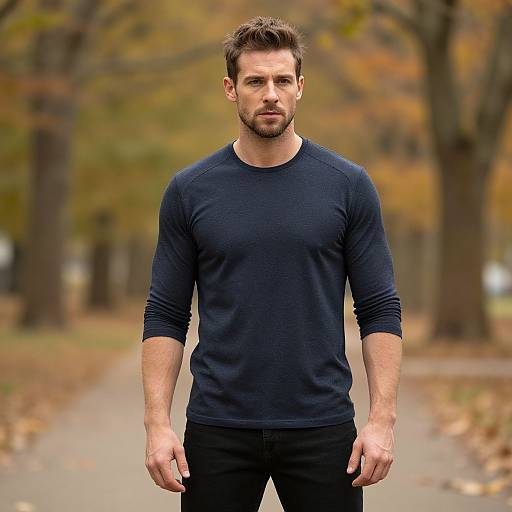 Photograph of a handsome, bearded man with short brown hair, wearing a navy long-sleeve shirt and black pants, standing on a blurred