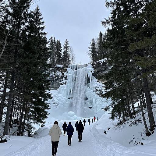 Photograph of a snowy forest trail leading to a towering icicle-covered waterfall, with several people in winter clothing walking towards it.