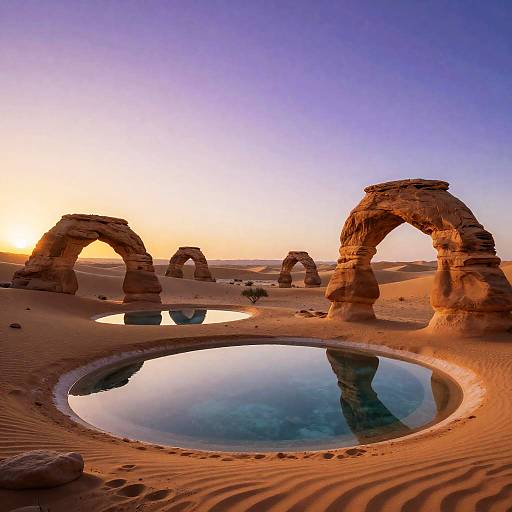 Photograph of a desert landscape at sunset, featuring three large, natural rock arches reflected in a calm, circular waterhole, with orange and purple