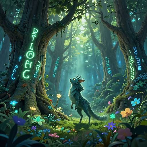 Digital fantasy art of a mystical forest with glowing blue letters on trees, vibrant flowers, and a small, furry, antlered creature. Sunlight