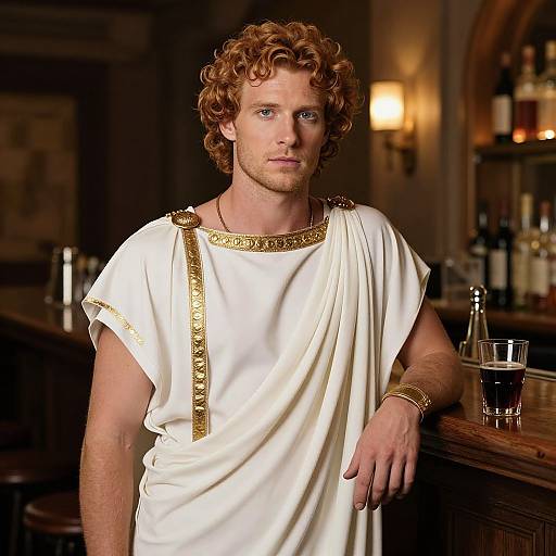 Photograph of a handsome, curly-haired man with blue eyes, wearing a white Roman-style toga with gold trim, leaning on a bar counter,
