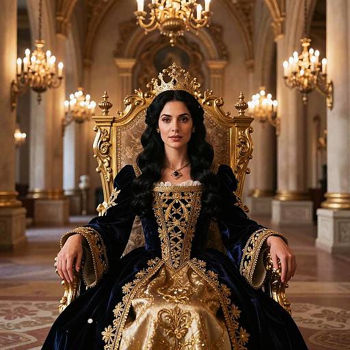 Photograph of a regal woman with dark wavy hair, wearing an ornate black and gold gown, seated on a luxurious gold throne in a