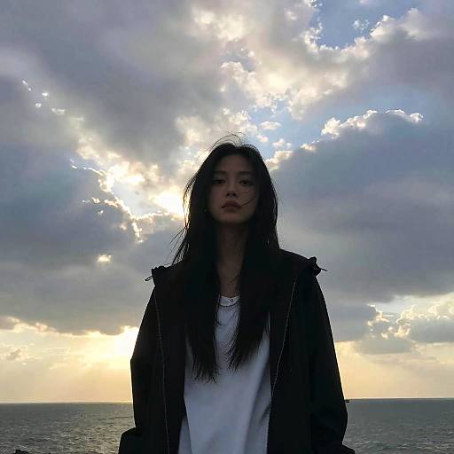 Young woman at ocean sunset with cloudy sky