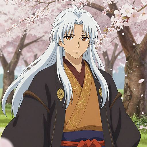 Anime-style digital drawing of a serious young man with long white hair, wearing a black kimono with gold embroidery, standing in a cherry blossom tree-filled