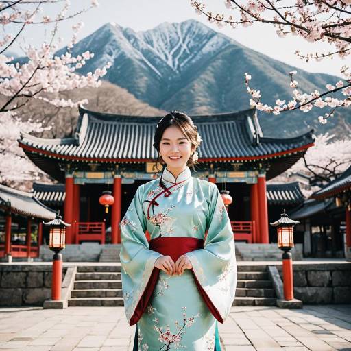 Asian Woman in Traditional Qipao at Temple with Cherry Blossoms