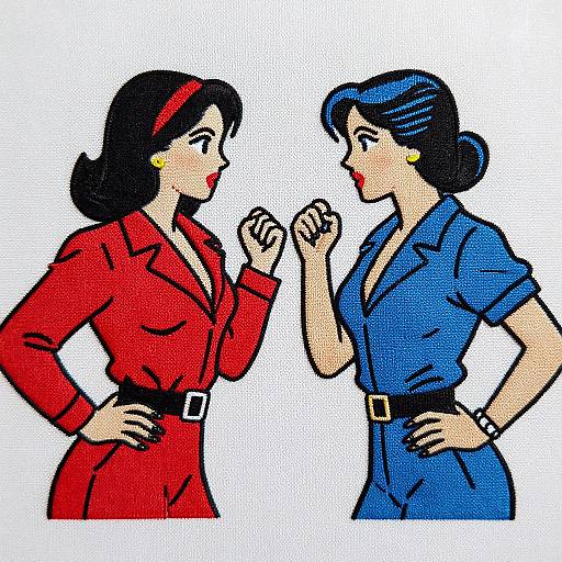 Cartoon-style drawing of two women in vibrant red and blue suits, facing each other with fists raised, against a white background.