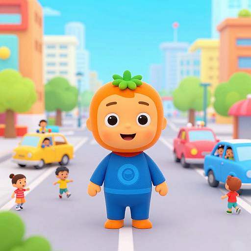 CGI cartoon image of a cheerful orange-haired child with a green leaf on top, blue outfit, standing in a busy, colorful city street with children