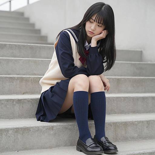 Asian Schoolgirl Sitting on Concrete Stairs