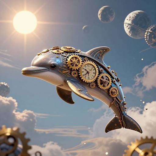 Photograph-style digital art of a dolphin adorned with gold gears and clockwork mechanisms, flying through a bright, sunny sky with floating planets and clouds.