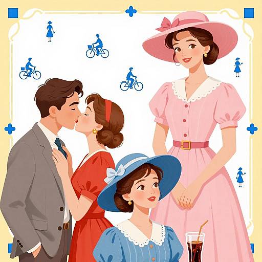 Vintage Clothing Illustration with Four Characters