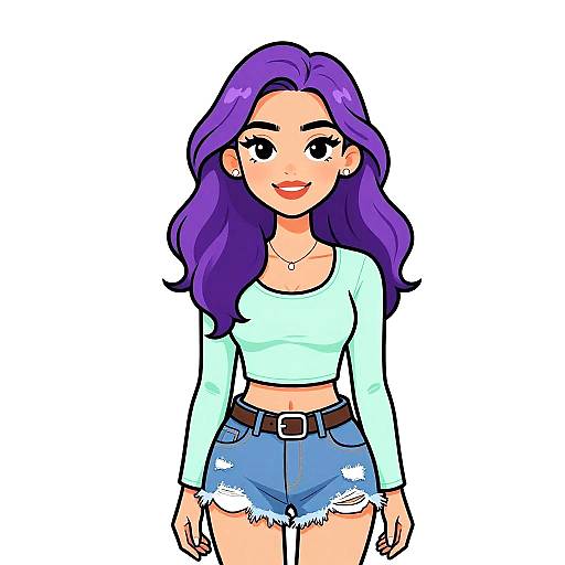Digital illustration of a cute, smiling woman with long purple hair, wearing a light blue crop top and frayed denim shorts.