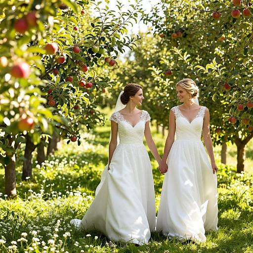Photograph of two blonde brides in white lace-trimmed wedding dresses, holding hands in an apple orchard with sunlight filtering through green leaves.