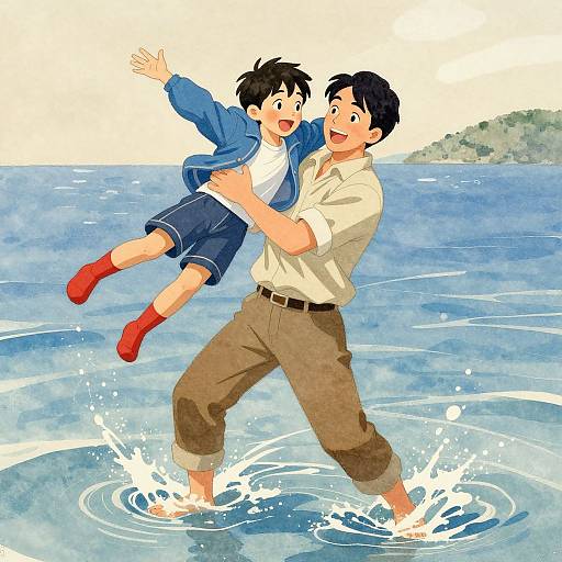 Digital anime-style illustration of a smiling father with black hair, wearing a white shirt and brown pants, joyfully carrying his laughing son with black hair,