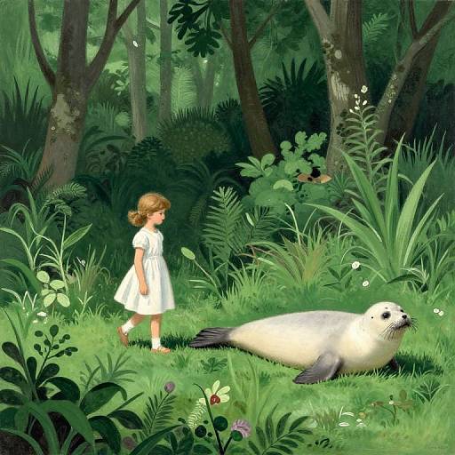 Illustration of a young girl in a white dress standing beside a lying white seal in a lush, green forest with tall trees and dense foliage.