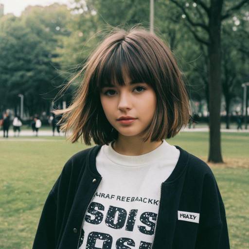 Young Woman with Shaggy Bob Hairstyle in Urban Park