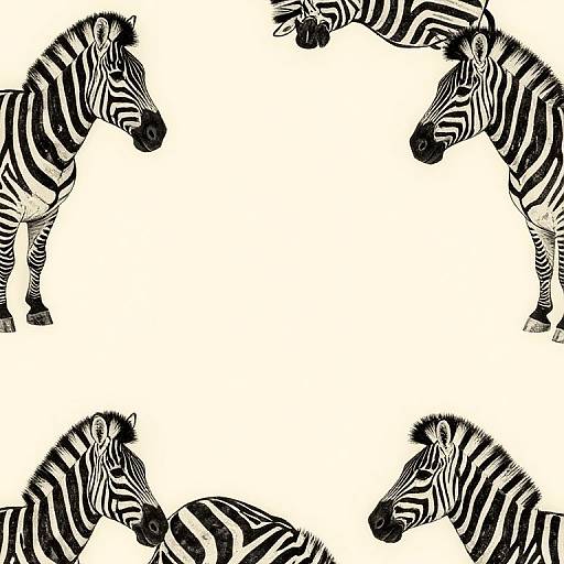 Black-and-white digital illustration of four zebras, one in each corner, creating a border frame with a central white space.