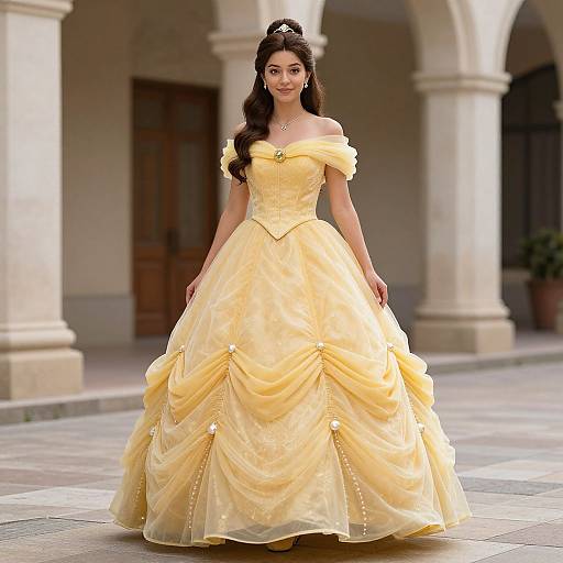 Photograph of a beautiful woman with long brown hair in a yellow off-shoulder, ball-gown princess dress, standing in a stone courtyard with