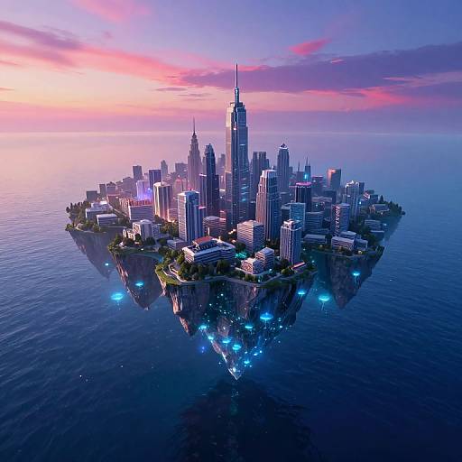 CGI image of a futuristic, floating cityscape at sunset, featuring skyscrapers, a central spire, and blue-lit water reflections.